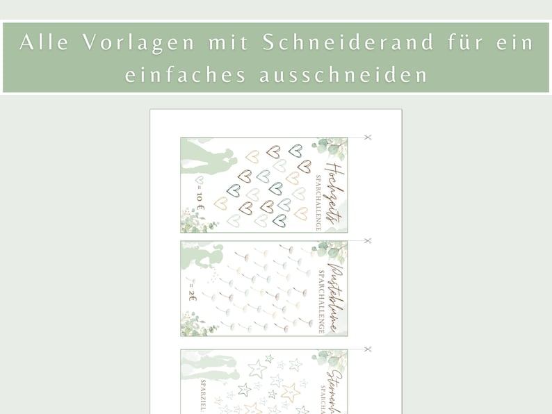 Pu&ograve; includere: Tre carte da gioco per matrimoni stampabili con un design floreale verde e bianco. Le carte presentano una silhouette di una coppia con cuori, soffioni e stelle. Il testo sulle carte recita "Hochzeits Sparchallenge", "Pusteblume Sparchallenge" e "Sternenhimmel Sparchallenge".