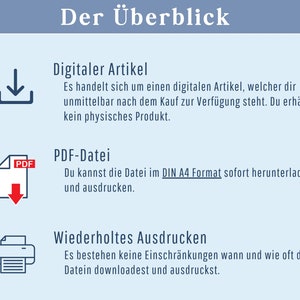 May include: A blue and white graphic with the text "Der &Uuml;berblick" at the top. The graphic explains that the item is a digital product, a PDF file that can be downloaded and printed in DIN A4 format. The graphic also states that there are no restrictions on how many times the file can be downloaded and printed.