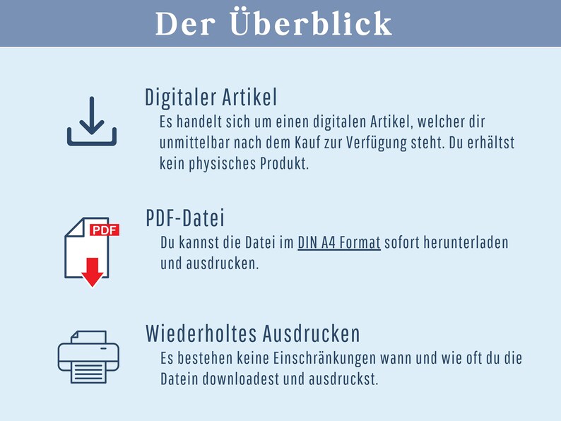 May include: A blue and white graphic with the text "Der &Uuml;berblick" at the top. The graphic explains that the item is a digital product, a PDF file that can be downloaded and printed in DIN A4 format. The graphic also states that there are no restrictions on how many times the file can be downloaded and printed.