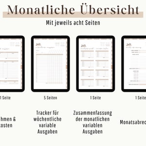 Op de afbeelding: Vier digitale plannerpagina's voor een maandelijks budget. De pagina's zijn gelabeld met "Inkomsten & Vaste Kosten", "Tracker voor Wekelijkse Variabele Uitgaven", "Samenvatting van Maandelijkse Variabele Uitgaven" en "Maandelijkse Facturering".