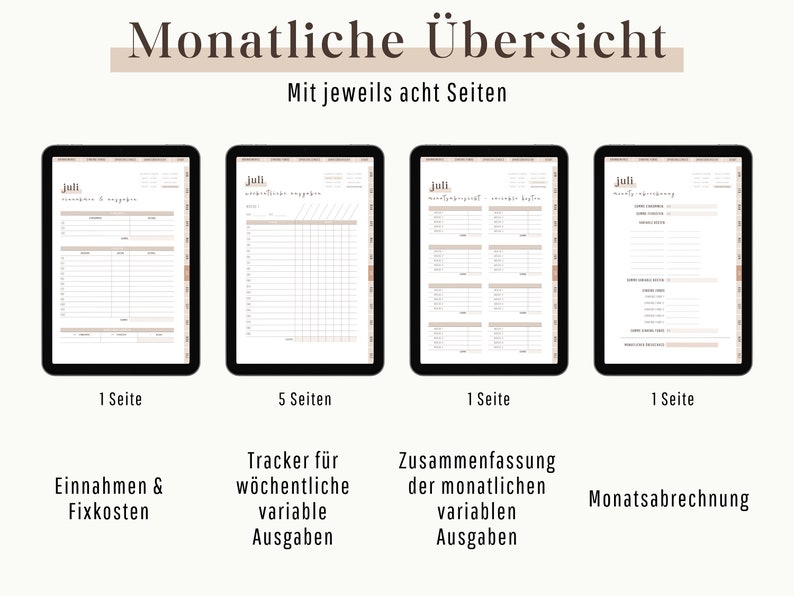 Op de afbeelding: Vier digitale plannerpagina's voor een maandelijks budget. De pagina's zijn gelabeld met "Inkomsten & Vaste Kosten", "Tracker voor Wekelijkse Variabele Uitgaven", "Samenvatting van Maandelijkse Variabele Uitgaven" en "Maandelijkse Facturering".