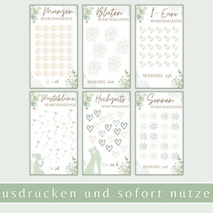 Pu&ograve; includere: Sei carte di sfida di risparmio stampabili con un bordo floreale verde. Ogni carta presenta un tema diverso: monete, fiori, 1 euro, dente di leone, fedi nuziali e soli. Ogni carta ha un importo obiettivo e un numero di spazi per tenere traccia dei progressi.