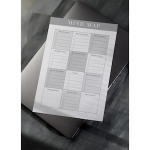 Peut inclure: Un bloc-notes de mind mapping gris et blanc avec le titre "MIND MAP" en haut. Le bloc-notes est pos&eacute; sur un ordinateur portable ferm&eacute;. Le bloc-notes comporte plusieurs sections avec des cases &agrave; cocher et des lignes pour &eacute;crire.
