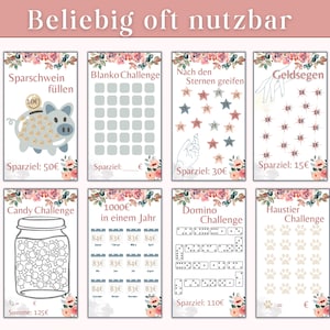 Op de afbeelding: Een printbare set van 10 challenge-kaarten met bloemmotieven. De kaarten bevatten verschillende uitdagingen, zoals sparen, een domino-uitdaging voltooien en snoep verzamelen. Elke kaart heeft een doelbedrag en een ruimte om de voortgang bij te houden.
