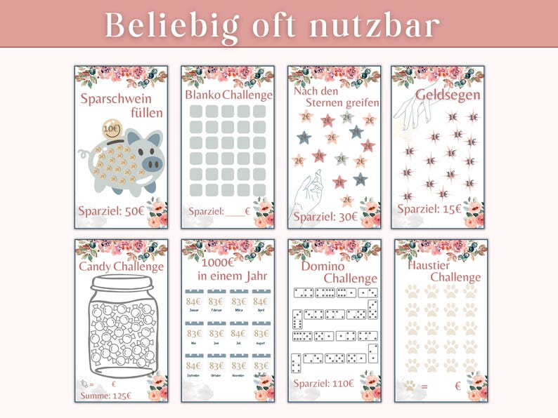 Op de afbeelding: Een printbare set van 10 challenge-kaarten met bloemmotieven. De kaarten bevatten verschillende uitdagingen, zoals sparen, een domino-uitdaging voltooien en snoep verzamelen. Elke kaart heeft een doelbedrag en een ruimte om de voortgang bij te houden.