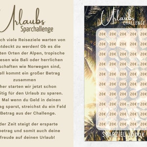 Könnte beinhalten: Eine Spar-Challenge-Tabelle mit tropischem Hintergrund. Die Tabelle hat 25 Kreise, jeder mit dem Betrag "20€" darin. Der Text "SPARZIEL 1000€" befindet sich am unteren Rand der Tabelle. Der Text "Urlaubs Challenge" befindet sich am oberen Rand der Tabelle.