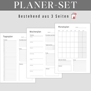 May include: A printable planner set with three pages: a daily planner, a weekly planner, and a monthly planner. Each page has sections for appointments, priorities, to-do lists, and notes.