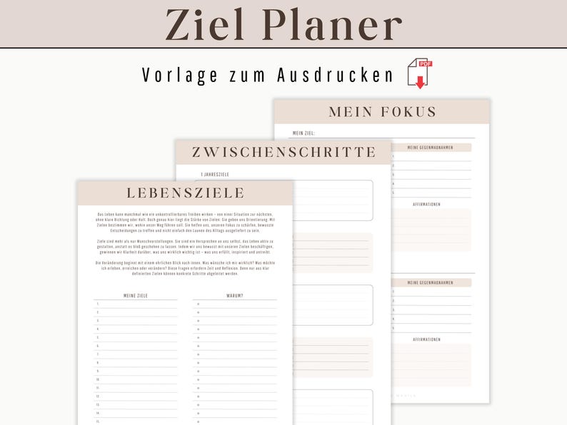 May include: A printable goal planner with sections for life goals, intermediate steps, and a focus area. The planner has a beige background with black text and lines.