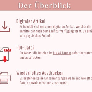 Op de afbeelding: Een roze en witte afbeelding met het Duitse woord "Der &Uuml;berblick" bovenaan. De afbeelding legt uit dat het item een digitale download is, een PDF-bestand in DIN A4-formaat, en zo vaak gedownload en afgedrukt kan worden als nodig.