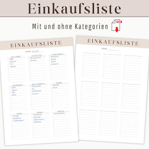 May include: Two printable shopping list templates. The first template has categories for "Fruit & Gemüse", "Milchprodukte", "Backwaren/Lebensmittel", "Getränke", "Desserts", "Gewürze", and "Sonstiges". The second template is blank.