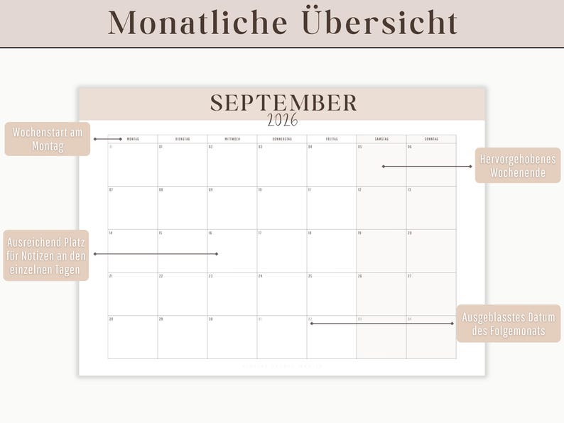 Kalender 2026 zum Ausdrucken als digitaler Download | Jahresplaner als