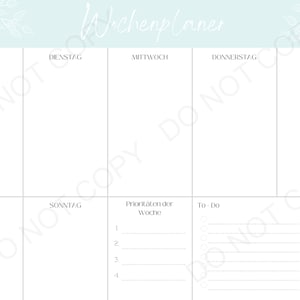 May include: A weekly planner with a light blue background and white floral accents. The planner is divided into seven days of the week: Monday, Tuesday, Wednesday, Thursday, Friday, Saturday, and Sunday. There is also a section for "Priorities of the Week" and a "To Do" list.