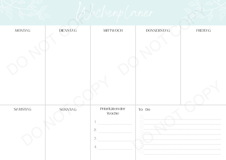 May include: A weekly planner with a light blue background and white floral accents. The planner is divided into seven days of the week: Monday, Tuesday, Wednesday, Thursday, Friday, Saturday, and Sunday. There is also a section for "Priorities of the Week" and a "To Do" list.