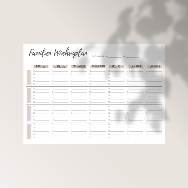 May include: A printable weekly family planner with a simple design. The planner has a section for each day of the week: Monday, Tuesday, Wednesday, Thursday, Friday, Saturday, and Sunday. The planner has space for writing in appointments, activities, and other tasks.