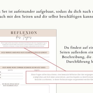 May include: A journal page with the title "Reflection of the Day" in a handwritten font. The page includes prompts for self-reflection, such as identifying positive aspects and areas for improvement. Text in German is visible.