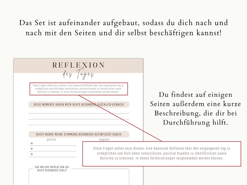 May include: A journal page with the title "Reflection of the Day" in a handwritten font. The page includes prompts for self-reflection, such as identifying positive aspects and areas for improvement. Text in German is visible.