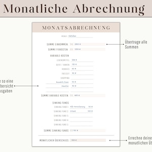 May include: A German-language financial planning document titled "Monthly Statement". It details income, fixed and variable costs, and sinking funds. The document is designed to help track monthly expenses and calculate the monthly surplus.