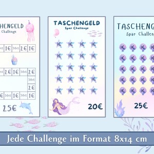 May include: Three colorful charts with a mermaid theme for a savings challenge. Each chart has a different goal amount: 25 euros, 20 euros, and 25 euros. The charts are decorated with images of mermaids, seashells, and starfish. The text "TASCHENGELD Spar Challenge" is at the top of each chart.