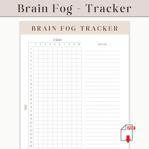 Könnte beinhalten: Ein druckbarer Brain Fog Tracker mit dem Titel "Brain Fog Tracker" oben. Der Tracker enthält ein Raster zur Verfolgung der Stärke des Brain Fogs, nummeriert von 1-10, und Platz für Notizen. Das Wort "Tage" befindet sich auf der linken Seite.