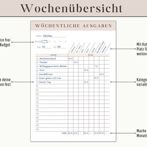May include: A weekly expense tracker titled "Wochen&uuml;bersicht" in German. The tracker includes sections for weekly expenses, categories, and a monthly summary. It has space to track expenses for the month of October.