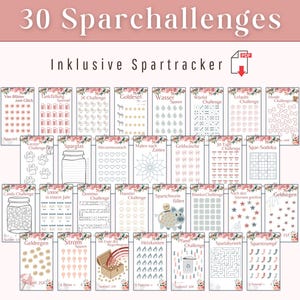 Op de afbeelding: Een printbaar blad met 30 verschillende spaaruitdagingen, waaronder "Goldesel", "Water", "Dobbelsteen Challenge", "Vakantie Challenge", "Sparglas", "Hartsverlangen", "Schilderen op nummer", "Geld witwassen", "30 Dagen Challenge", "Spar-Sodoku", "Spaarpot vullen", "Dekens Challenge", "Dingen binnen handbereik", "Geldregen", "Stroom besparen", "Verwarmingskosten Challenge", "Hand Challenge", "Doolhof Challenge", "Spaarsokken" en "Spar-Sodoku". Het blad bevat ook een "Spar-Tracker" om de voortgang bij te houden.