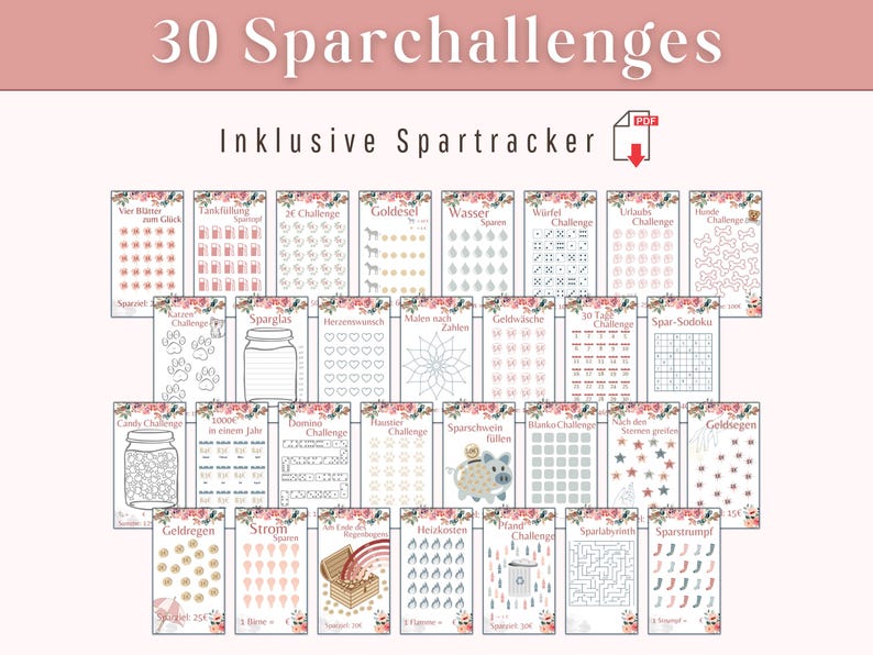 Op de afbeelding: Een printbaar blad met 30 verschillende spaaruitdagingen, waaronder "Goldesel", "Water", "Dobbelsteen Challenge", "Vakantie Challenge", "Sparglas", "Hartsverlangen", "Schilderen op nummer", "Geld witwassen", "30 Dagen Challenge", "Spar-Sodoku", "Spaarpot vullen", "Dekens Challenge", "Dingen binnen handbereik", "Geldregen", "Stroom besparen", "Verwarmingskosten Challenge", "Hand Challenge", "Doolhof Challenge", "Spaarsokken" en "Spar-Sodoku". Het blad bevat ook een "Spar-Tracker" om de voortgang bij te houden.
