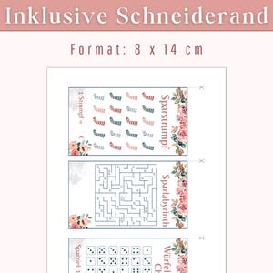 Op de afbeelding: Drie printbare spelkaarten met een bloemmotief. De kaarten bevatten een sok-matchspel, een doolhof en een dobbelspel. De tekst op de kaarten luidt "Sparstrumpf", "Sparlabyrinth" en "W&uuml;rfel Challenge".