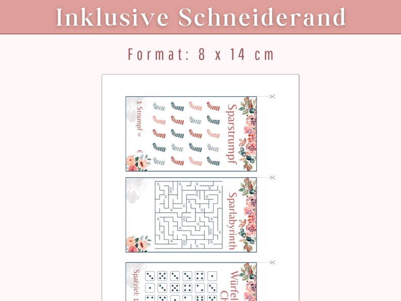 Op de afbeelding: Drie printbare spelkaarten met een bloemmotief. De kaarten bevatten een sok-matchspel, een doolhof en een dobbelspel. De tekst op de kaarten luidt "Sparstrumpf", "Sparlabyrinth" en "W&uuml;rfel Challenge".
