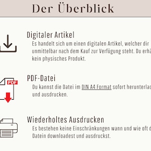 May include: A cream-colored graphic with German text, "Der &Uuml;berblick," and icons representing a digital download, PDF file, and printing. The text describes digital products available immediately after purchase, printable in A4 format, with no printing restrictions.