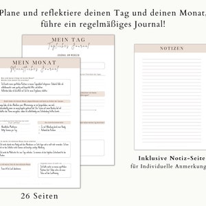 Puede incluir: Una plantilla de diario imprimible con fondo beige y texto negro. La plantilla est&aacute; dividida en tres secciones: "Mi D&iacute;a", "Mi Mes" y "Notas". Las secciones "Mi D&iacute;a" y "Mi Mes" incluyen indicaciones para la reflexi&oacute;n diaria y mensual. La secci&oacute;n "Notas" es una p&aacute;gina en blanco para escribir.