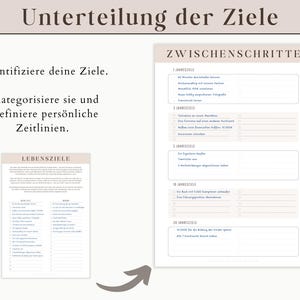 May include: A printable worksheet with the title "Unterteilung der Ziele" (German for "Division of Goals"). The worksheet is divided into two sections: "Lebensziele" (German for "Life Goals") and "Zwischenschritte" (German for "Intermediate Steps"). The "Lebensziele" section has a list of life goals with space to write in details. The "Zwischenschritte" section has a list of intermediate steps with space to write in details and timelines.