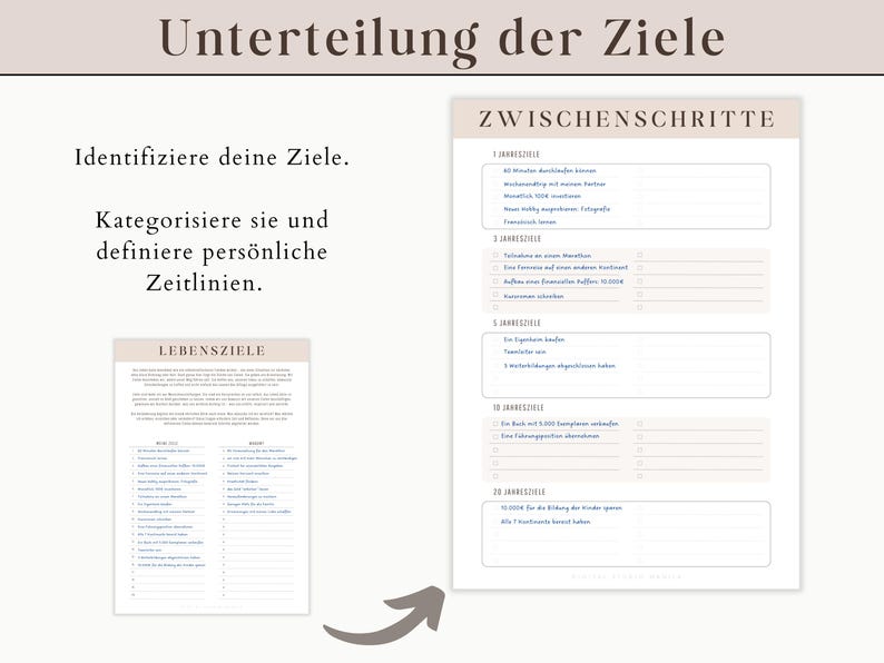 May include: A printable worksheet with the title "Unterteilung der Ziele" (German for "Division of Goals"). The worksheet is divided into two sections: "Lebensziele" (German for "Life Goals") and "Zwischenschritte" (German for "Intermediate Steps"). The "Lebensziele" section has a list of life goals with space to write in details. The "Zwischenschritte" section has a list of intermediate steps with space to write in details and timelines.