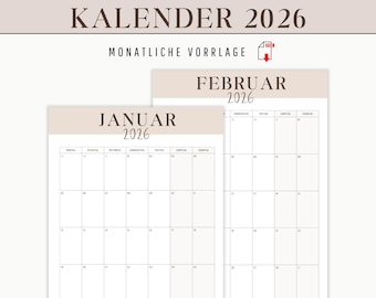 2026 calendar to print | 2026 wall calendar in German | Annual calendar as digital download | 2026 monthly planner overview PDF portrait format