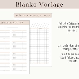 May include: Two beige and white printable planner pages. One page is labelled "VARIABLE COSTS" and the other "WEEKLY EXPENSES". Text on the right side explains the planner's adaptability.