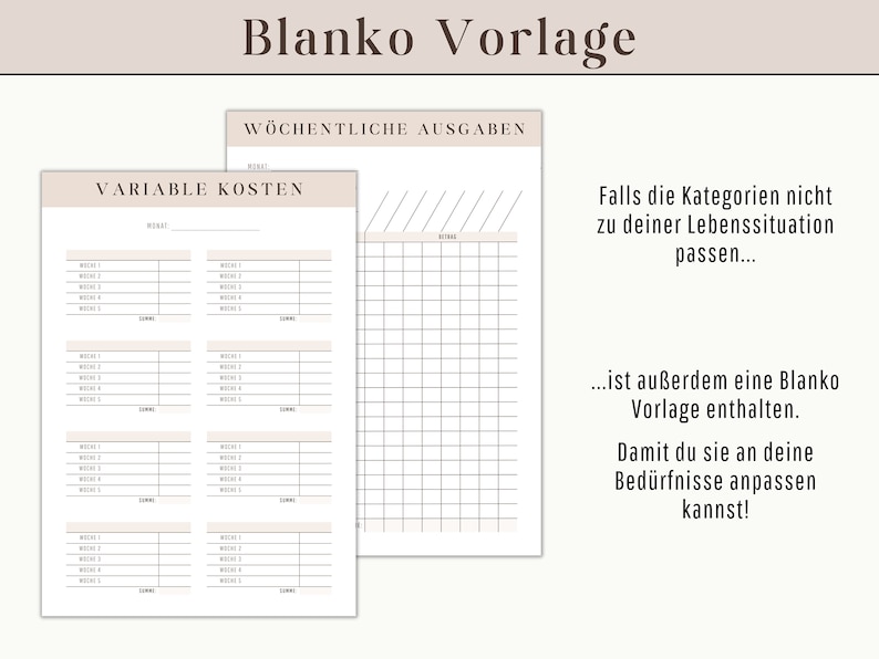 May include: Two beige and white printable planner pages. One page is labelled "VARIABLE COSTS" and the other "WEEKLY EXPENSES". Text on the right side explains the planner's adaptability.