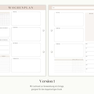 Op de afbeelding: Een weekplanner met een beige achtergrond en zwarte tekst. De planner heeft een kalender, een sectie voor dagelijkse taken en een notitiesectie. De tekst op de planner zegt "Wochenplan" wat Duits is voor "weekplanner".