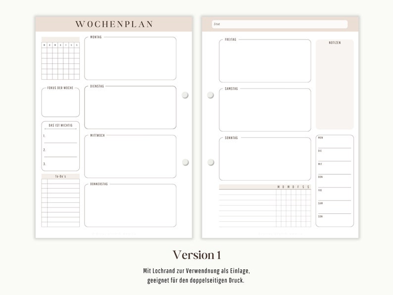 Op de afbeelding: Een weekplanner met een beige achtergrond en zwarte tekst. De planner heeft een kalender, een sectie voor dagelijkse taken en een notitiesectie. De tekst op de planner zegt "Wochenplan" wat Duits is voor "weekplanner".
