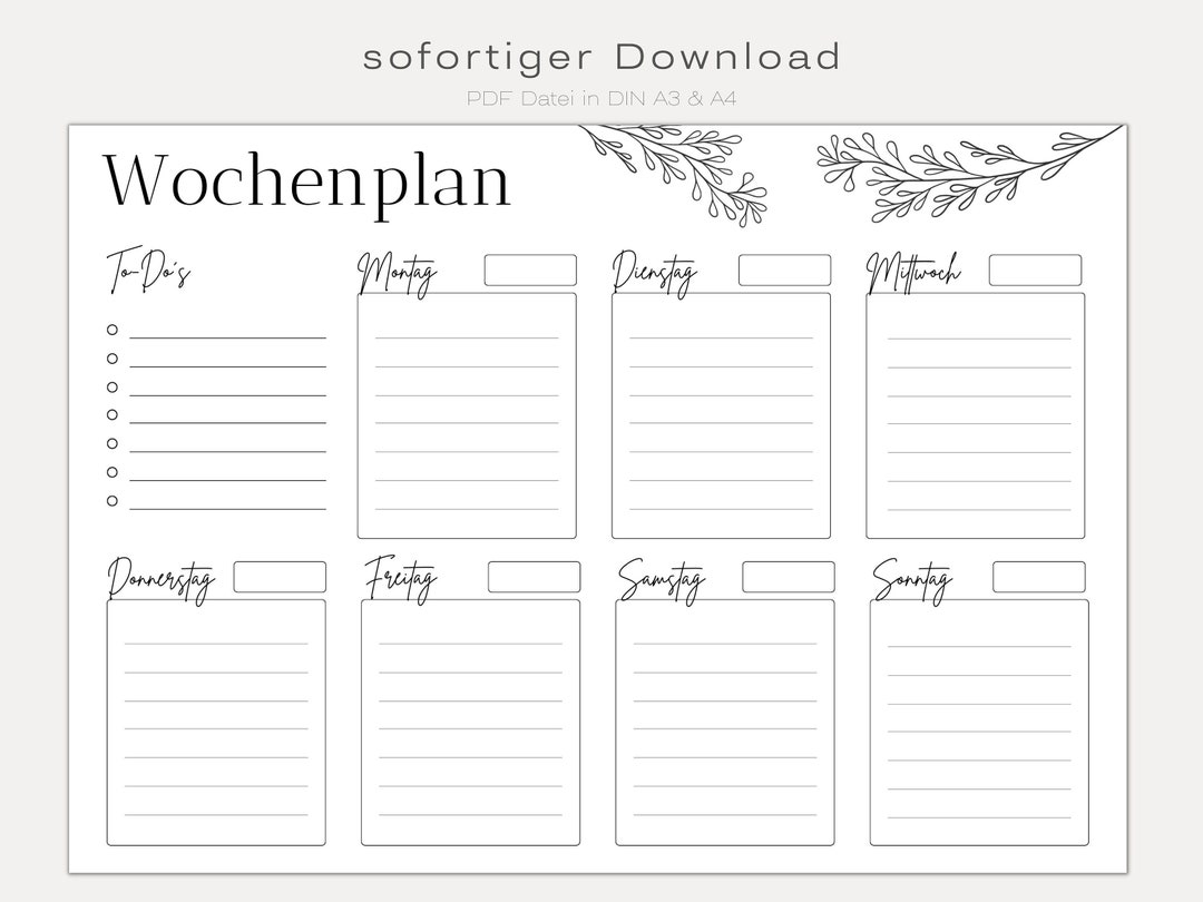 Wochenplaner DIN A3 und A4 digital DOWNLOAD Home Office To-Do Liste 
