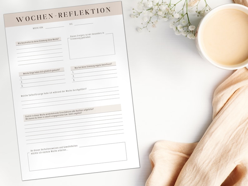 May include: A printable weekly reflection journal with sections for noting highlights, challenges, and goals. The journal is designed to help you reflect on your week and set intentions for the next.