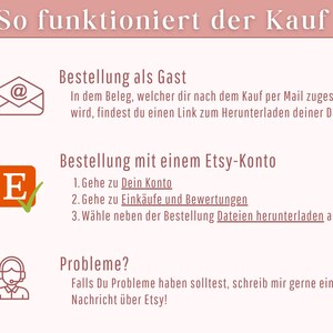 Op de afbeelding: Een roze en witte afbeelding met instructies over hoe je digitale bestanden kunt downloaden na aankoop bij Etsy. De afbeelding bevat pictogrammen van een e-mail, een vinkje en een klantenservicemedewerker.