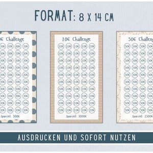 May include: Three printable charts for a coin challenge. The charts are 8 by 14 centimeters and feature a light brown background with a dark brown border. The charts are labeled "10&euro; Challenge", "20&euro; Challenge", and "50&euro; Challenge". Each chart has a grid of circles with the corresponding coin amount printed inside each circle. The charts are designed to help people save money.