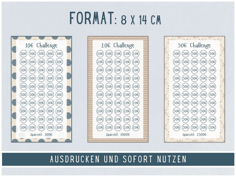 May include: Three printable charts for a coin challenge. The charts are 8 by 14 centimeters and feature a light brown background with a dark brown border. The charts are labeled "10&euro; Challenge", "20&euro; Challenge", and "50&euro; Challenge". Each chart has a grid of circles with the corresponding coin amount printed inside each circle. The charts are designed to help people save money.