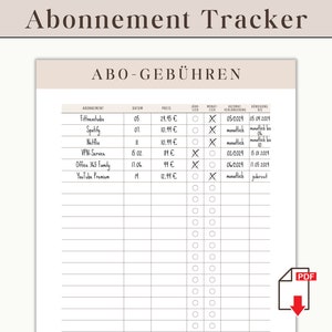 Subscription Tracker Insert Budget Planner | Subscription Fees Tracker German Budget Binder | Monthly subscriptions Overview of streaming services monthly