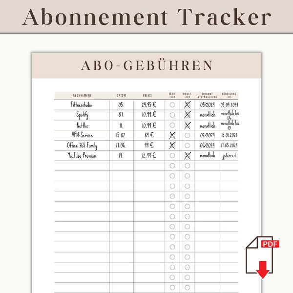 Abo Tracker Einlage Budget Planer | Abonnement Gebühren Tracker deutsch Budget Binder | Monats Abos Übersicht Streaming Dienste monatlich