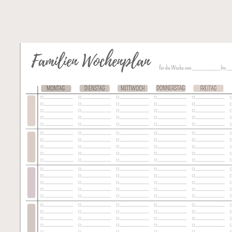 May include: A printable weekly planner in black and white with the title "Familien Wochenplan" for the week of. The planner has columns for Monday, Tuesday, Wednesday, Thursday, and Friday with space for writing tasks or appointments.