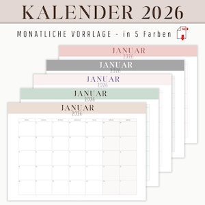 Könnte beinhalten: Mehrere monatliche Kalendervorlagen für 2026 in Pastellfarben: Rosa, Grau, Lavendel, Mintgrün und Beige. Auf jedem Kalender steht "JANUAR" oben. Der Titel "KALENDER 2026" steht oben. Der Text "MONATLICHE VORRLAGE - in 5 Farben" ist ebenfalls sichtbar.