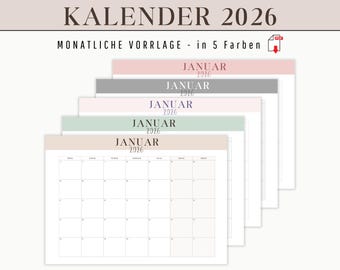 Kalender 2026 zum Ausdrucken als digitaler Download | Jahresplaner als monatliche Übersicht | Vorlage Monatskalender A4 Jahresübersicht