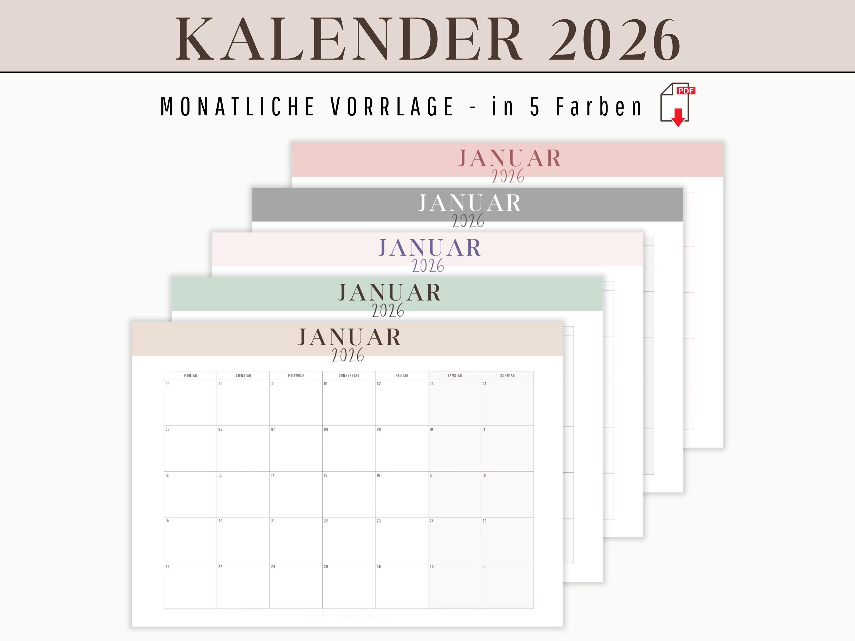 Kalender 2026 zum Ausdrucken als digitaler Download | Jahresplaner als