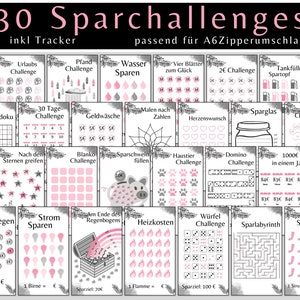 May include: A printable sheet with 30 different saving challenges, including "Hunde Challenge", "Urlaubs Challenge", "Pfand Challenge", "Wasser Sparen", "Vier Blätter zum Glück", "2€ Challenge", "Tankfüllung Spartopf", "Goldene", "Spar-Sudoku", "30 Tage-Challenge", "Geldwäsche", "Malen nach Zahlen", "Sparglas", "Herzenswunsch", "Katzen Challenge", "Geldsegen", "Nach den Sternen greifen", "Blanko Challenge", "Sparschwein füllen", "Haustier Challenge", "Domino Challenge", "1000€ in einem Jahr", "Candy Challenge", "Geldregen", "Strom Sparen", "Am Ende des Regenbogens", "Heizkosten", "Würfel Challenge", "Sparlabyrinth", and "Sparstrumpf".