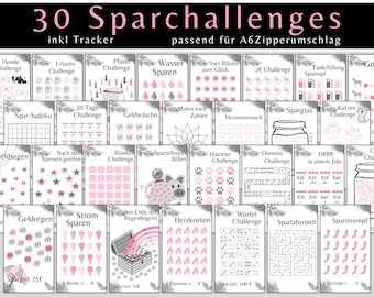 Sparchallenge A6 als digitaler DOWNLOAD Budgetbuch Set | Mädchen rosa | Umschlagmethode Sparbinder Zipper Cash Stuffing | deutsch Kleingeld